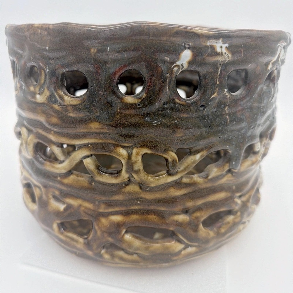 Lisa Jaehing Studio Pottery Bowl Large Brown Cream Good 1993 Pierced Ceramic